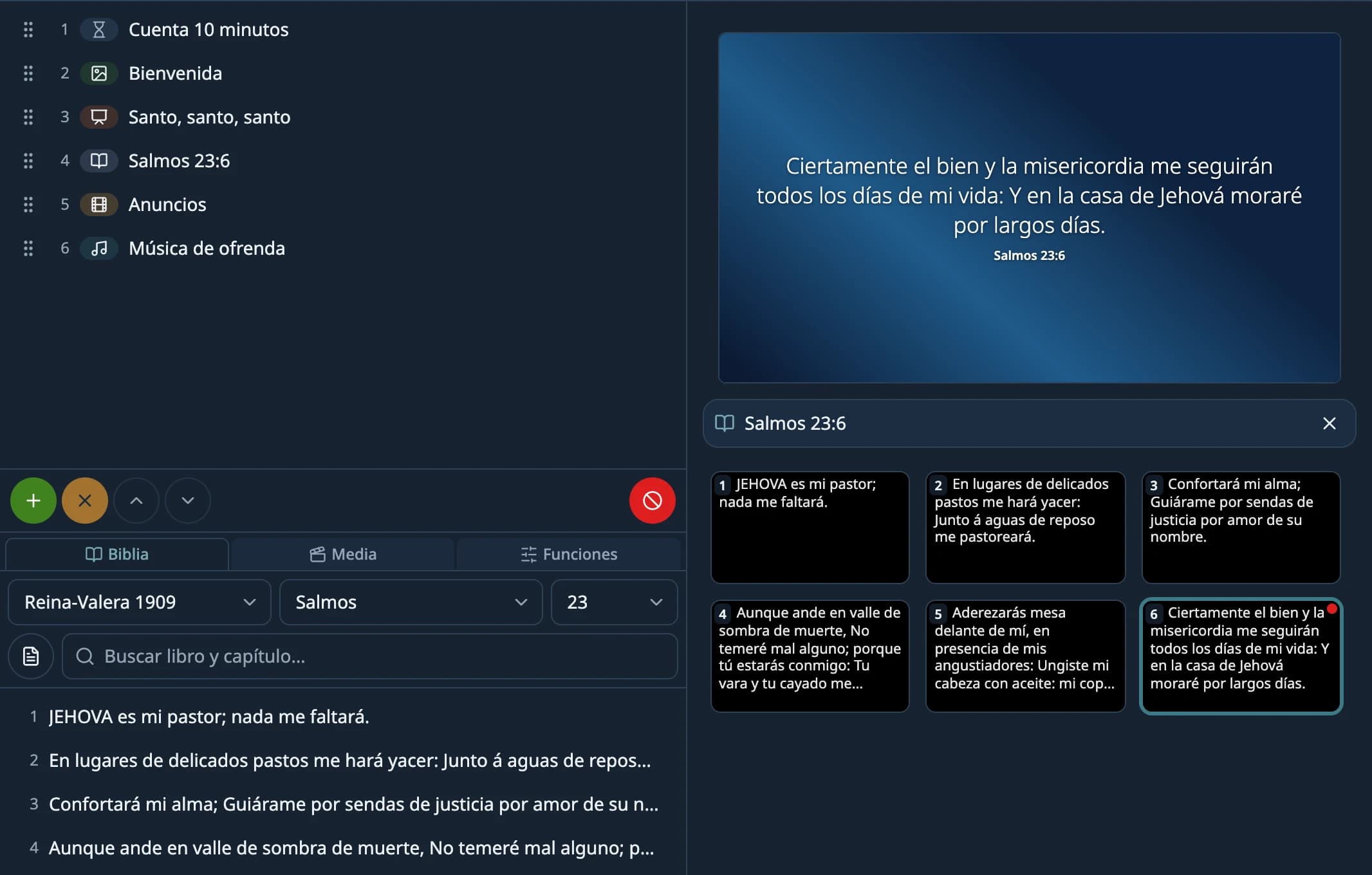 La pestaña Biblia con el Salmo 23 abierto y el versículo 6 en la vista previa.