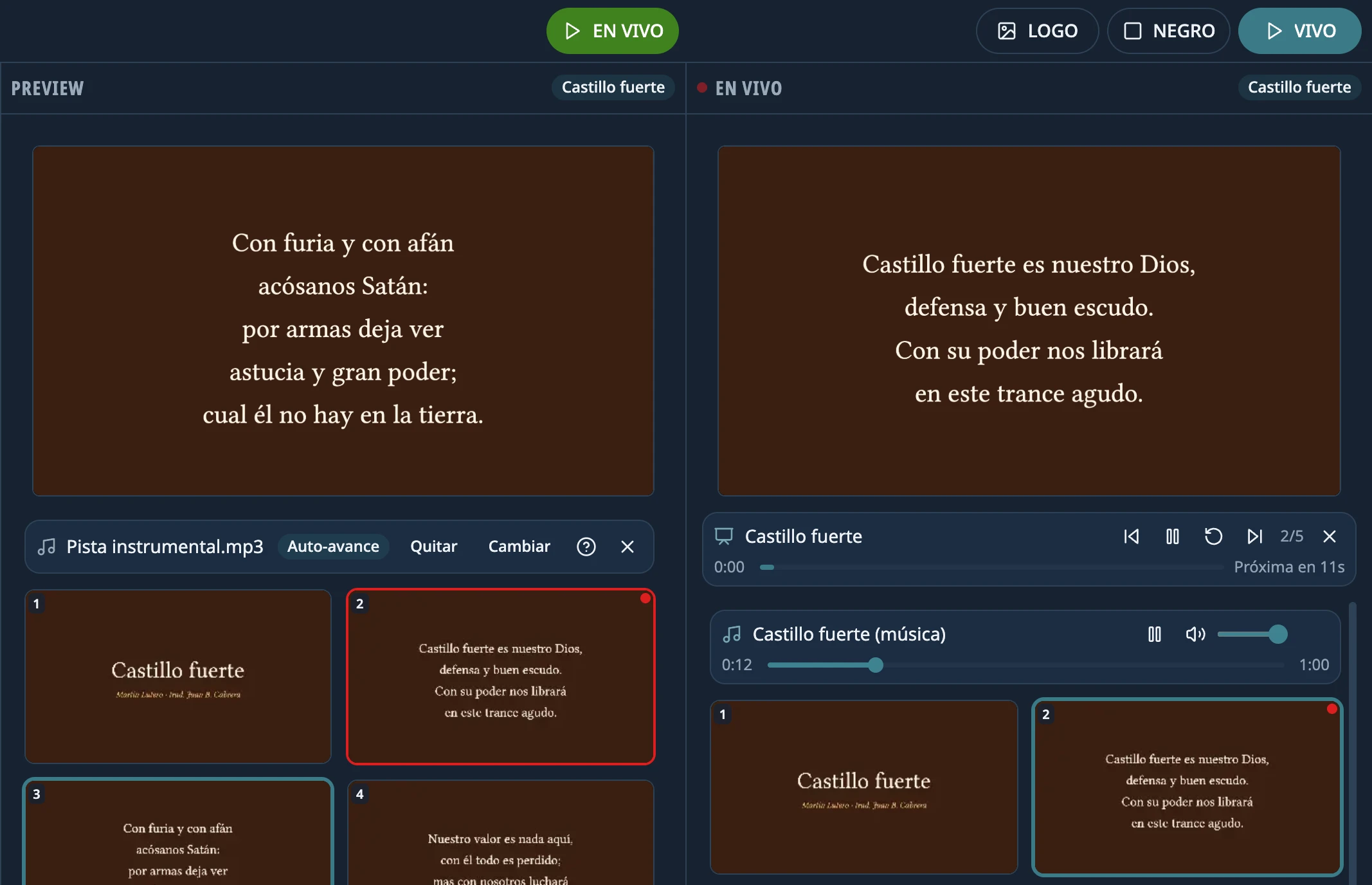 Un himno con su pista de música y auto-avance: la vista previa y, en vivo, la diapositiva con la cuenta de la próxima.