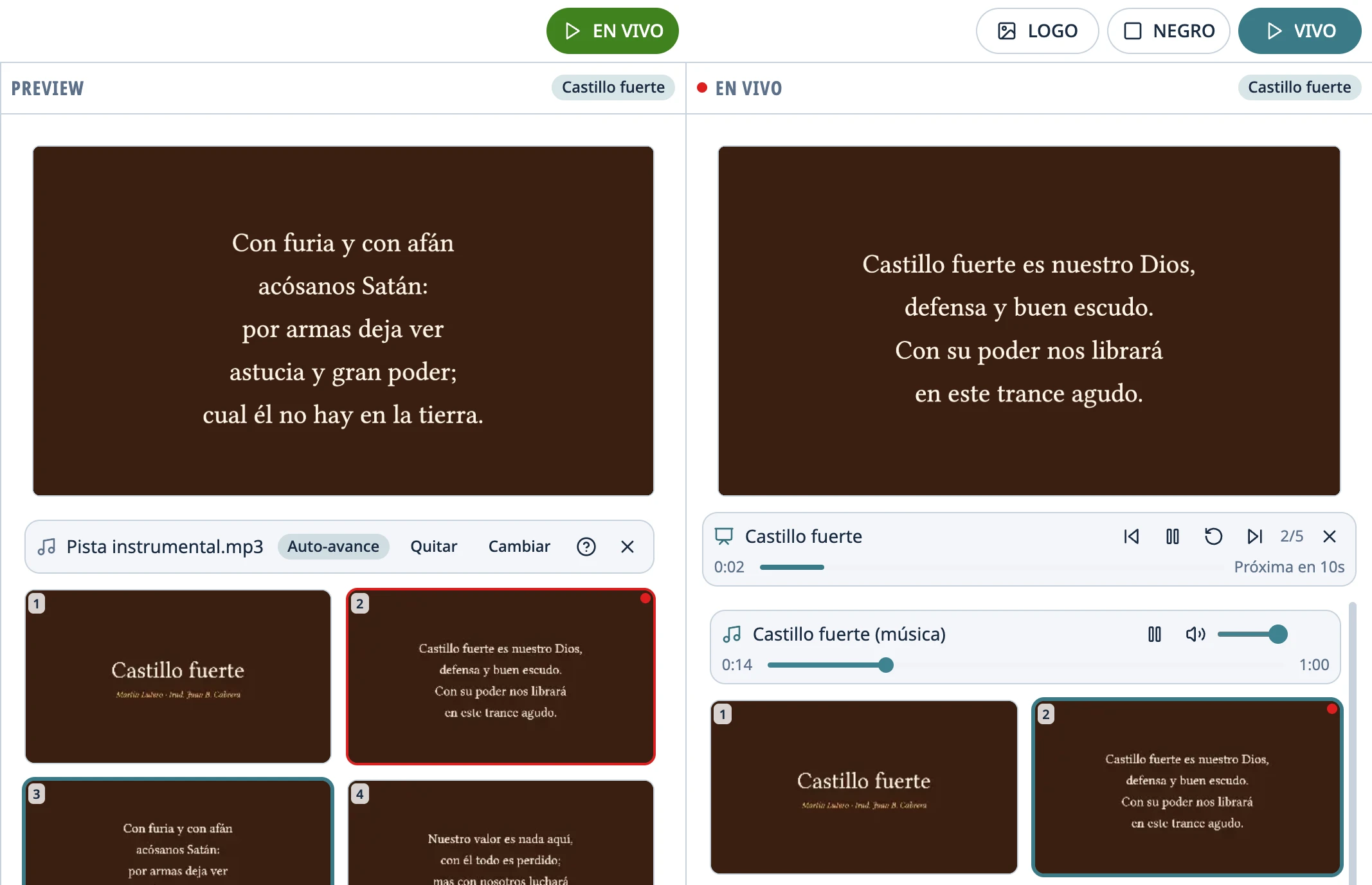 Un himno con su pista de música y auto-avance: la vista previa y, en vivo, la diapositiva con la cuenta de la próxima.