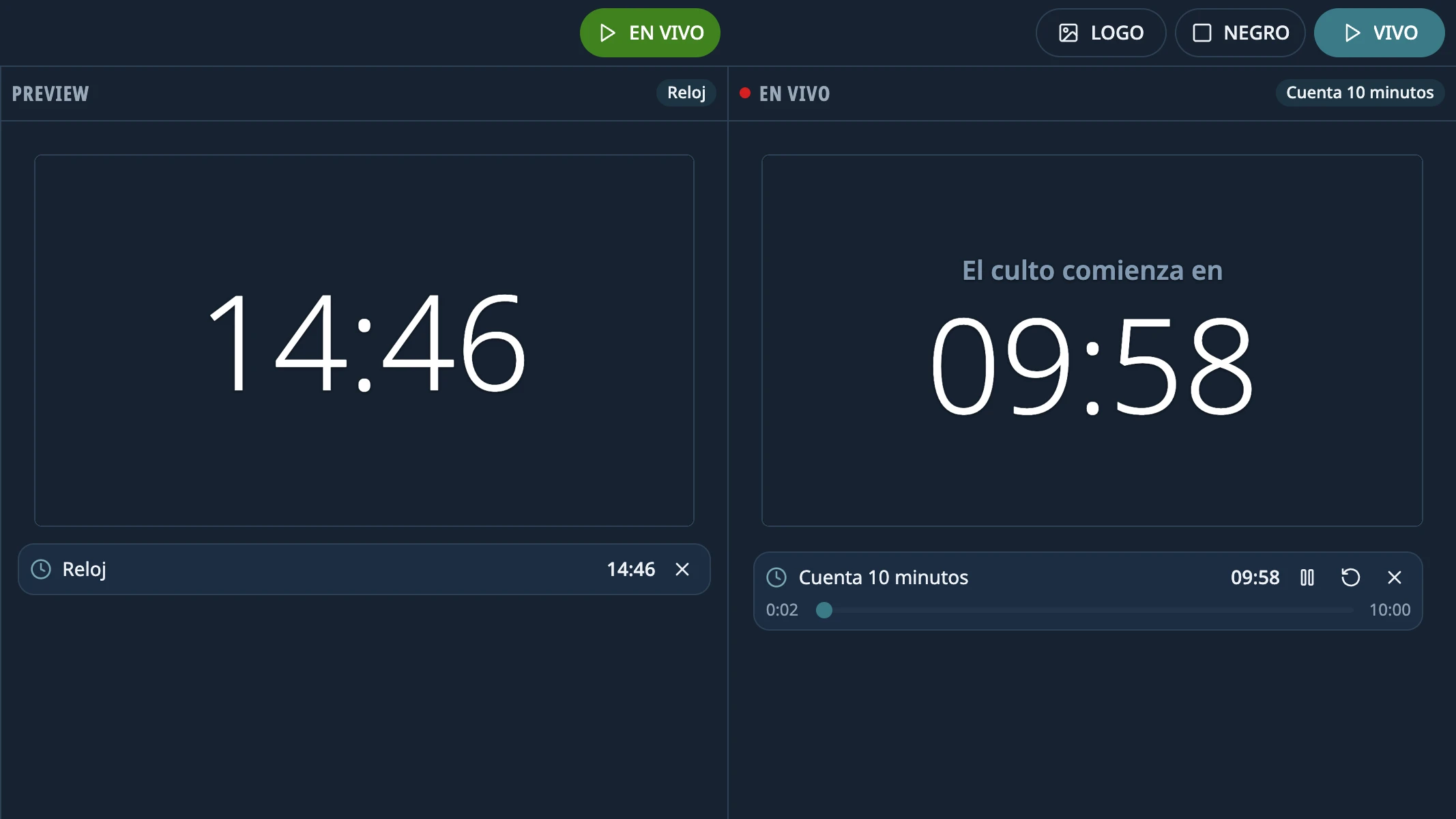 Una cuenta regresiva en vivo y un reloj en la vista previa, con sus controles.