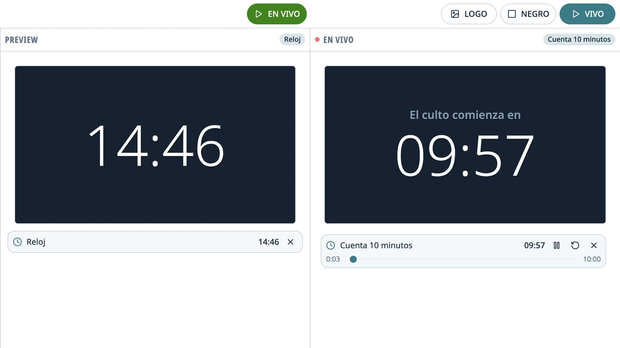 Una cuenta regresiva en vivo y un reloj en la vista previa, con sus controles.